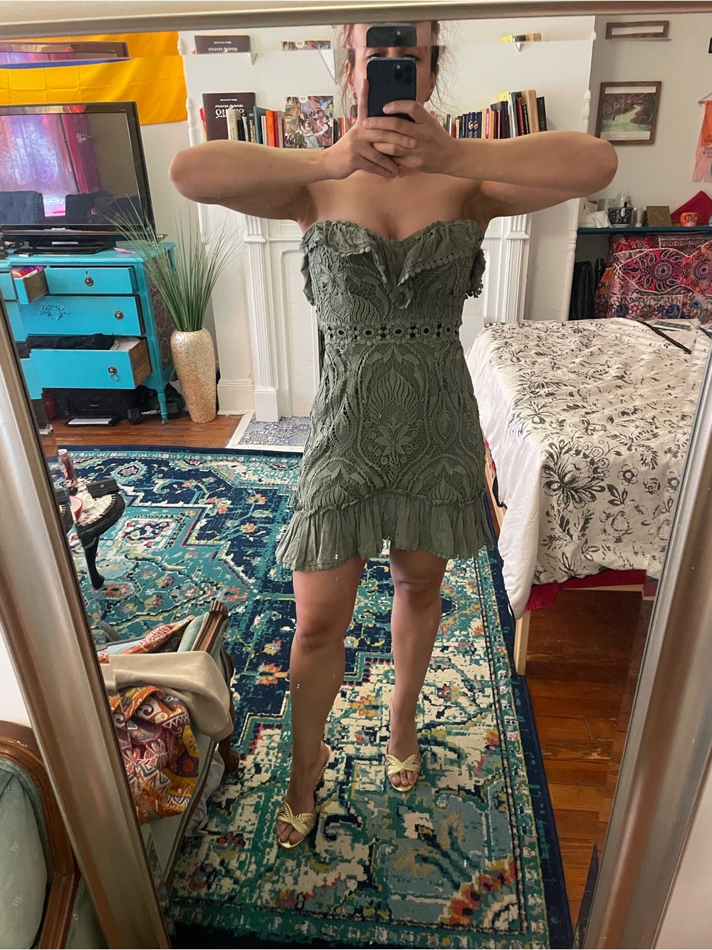 Selfie Leslie Olive Green Strapless Eyelet Lace Mini Dress